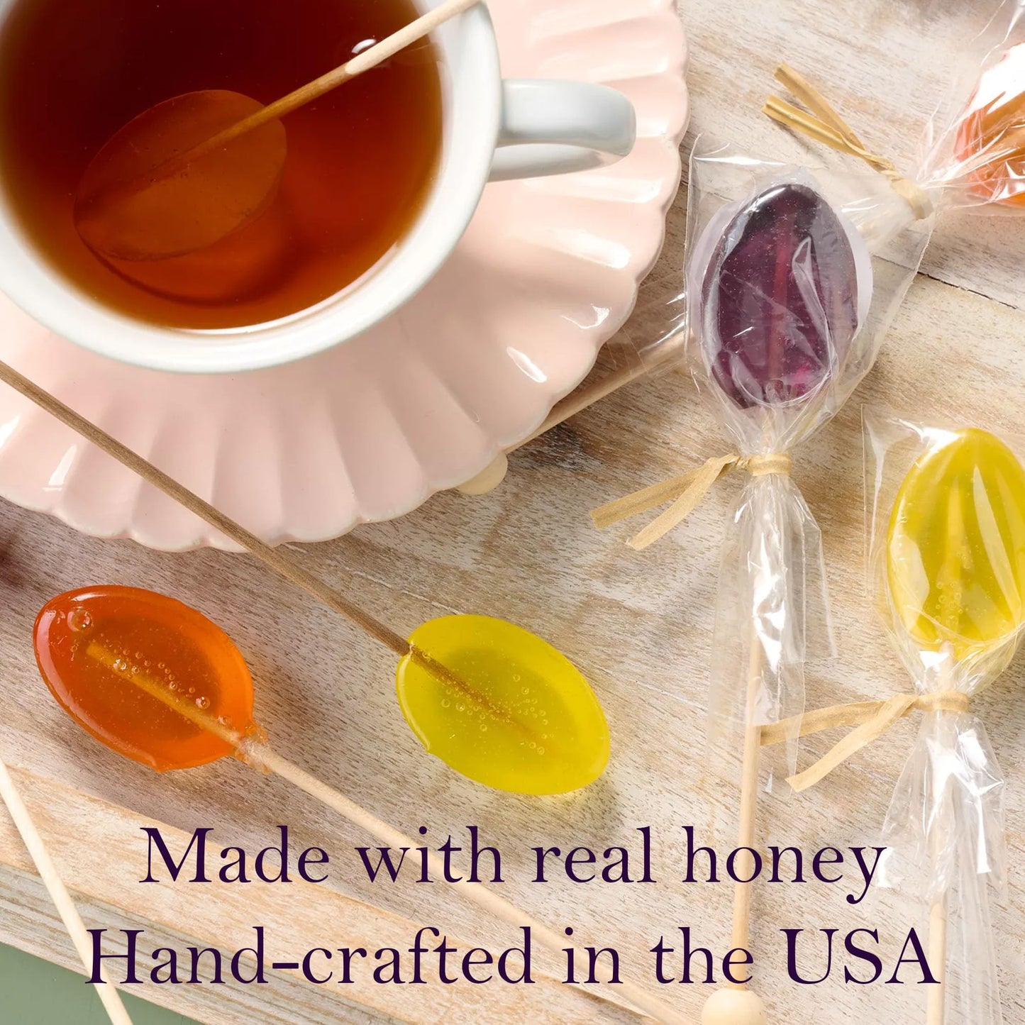 Melville Candy All Natural Honey Spoon Gift Set – Spoons & Lollipops On Wooden Ball Sticks – Gluten-Free, Made In Usa Stirrers For Tea, Coffee, & Hot Beverages - Individually Wrapped (6-Count, Lavender)