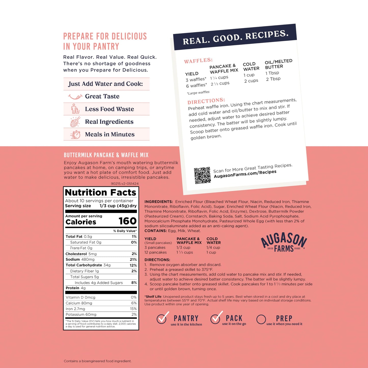 Augason Farms Buttermilk Pancake & Waffle Mix Resealable Pouch, Emergency Food Supply, Everyday Meals, 10 Servings