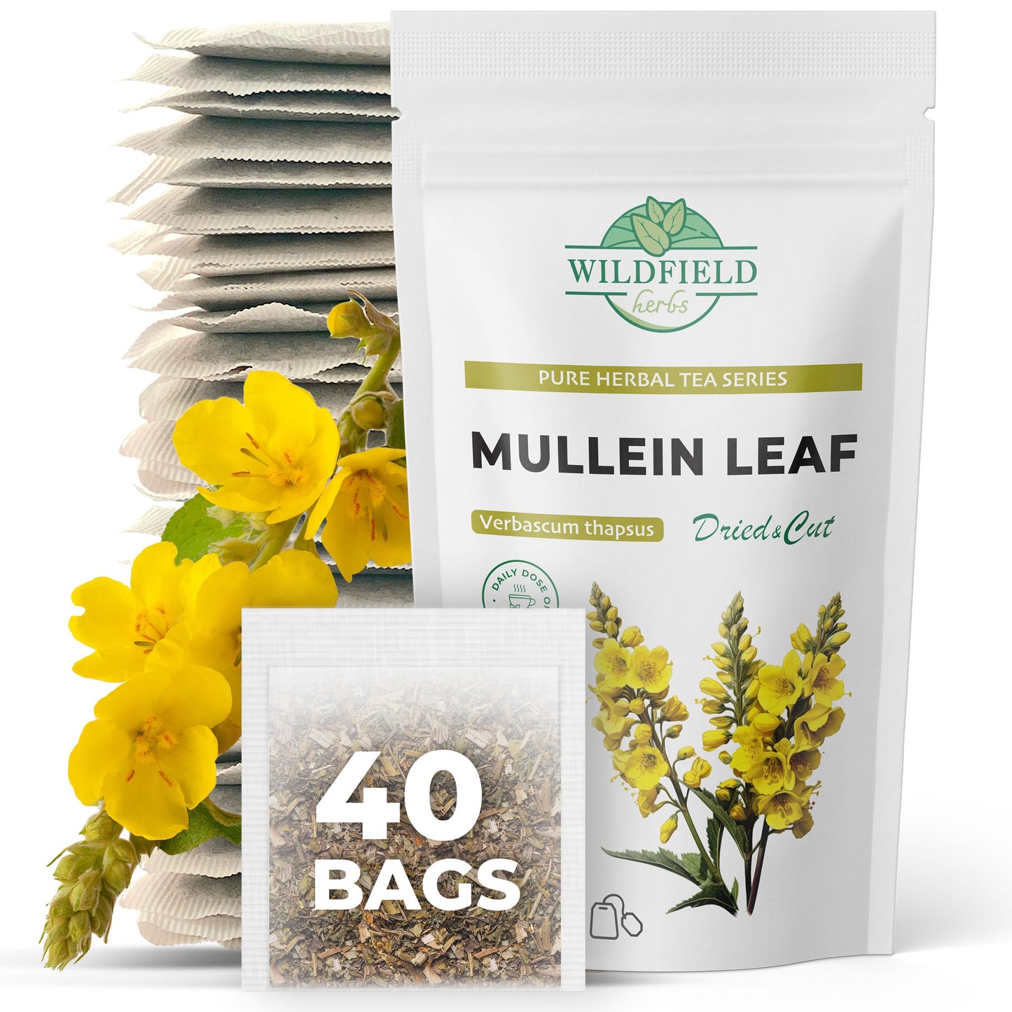 40 Mullen Tea Mullein Tea Leaf (Verb Scum L.) - 40 Count 1.5G Tea Bags Mullen Leaves Mullein Loose Leaf Tea Hoja De Gordolobo