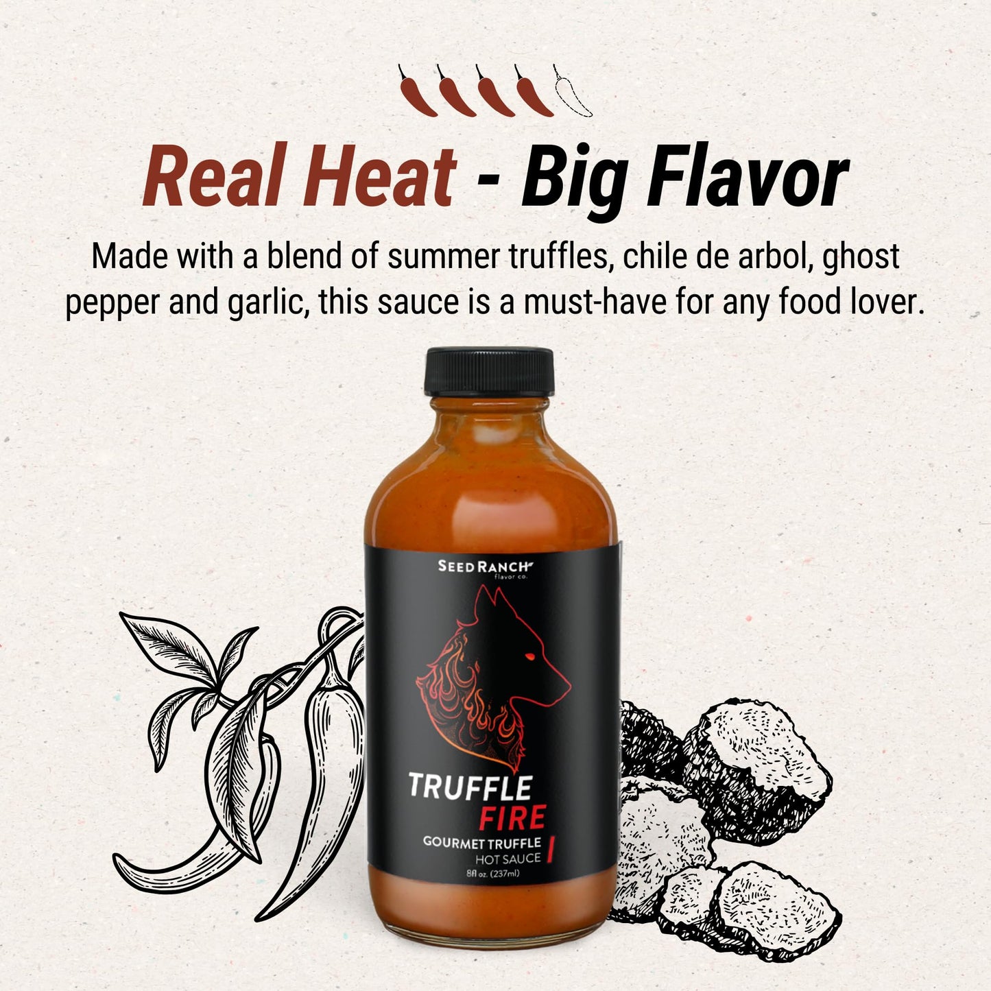 Seed Ranch Gourmet Truffle Fire Hot Sauce - Spicy Heat - Spicy & Savory Truffle Hot Sauce with Chile de Arbol, Ghost Pepper & Ca