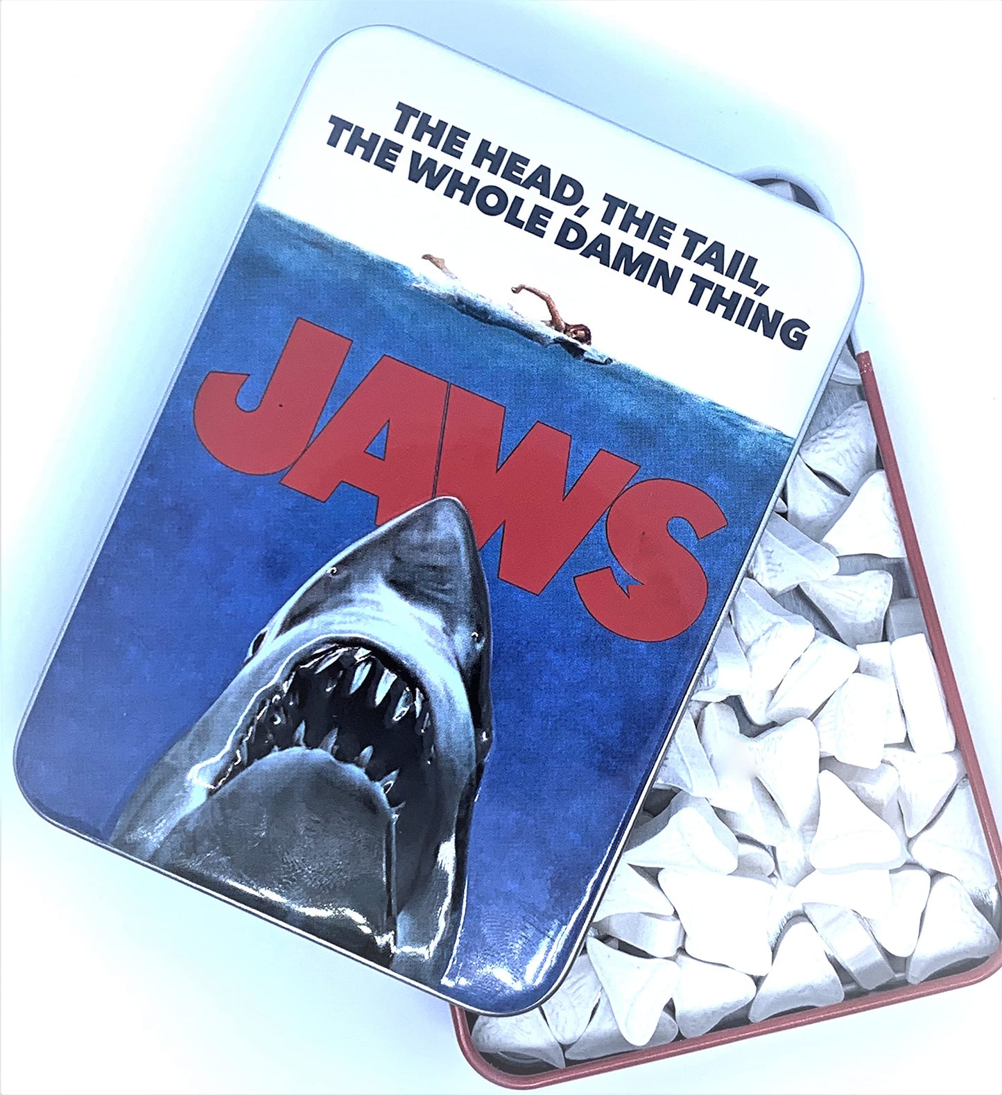 Boston America Jaws Amity Island Candy - Shark Teeth Shaped Tin - Sour Cherry Flavor - Large - Blue, Grey, White