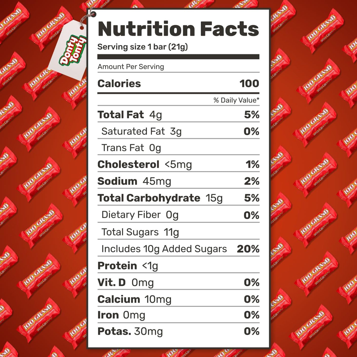 100 Grand Candy Bar Fun Size 2 lb - Anti Melt Pack Bulk Candies in Resealable Bag Individually Wrapped (40 Pieces)
