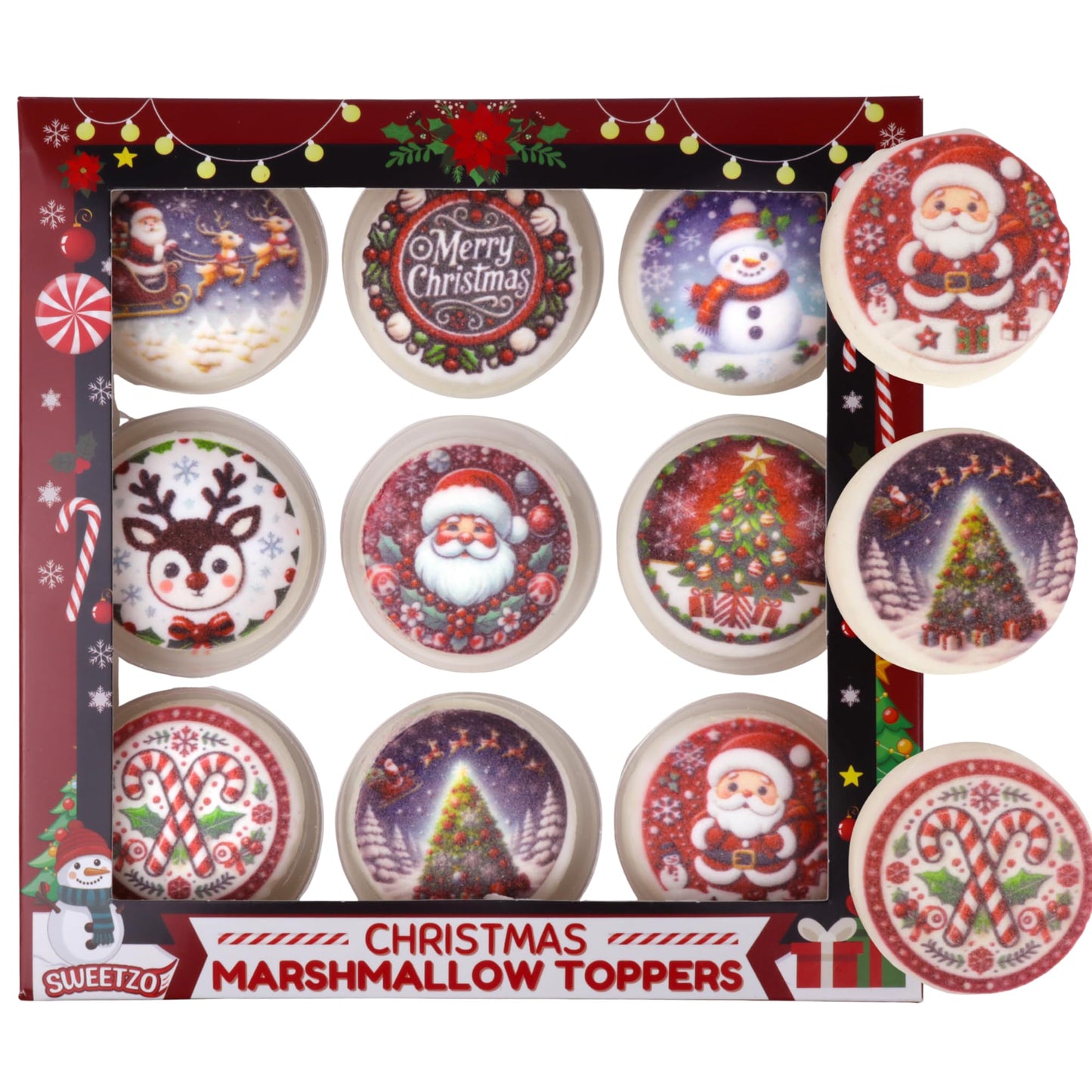 Christmas Marshmallow Toppers Perfect for Hot Cocoa Toppings or Dessert Decorating Candy Assorted Holiday Designs (9 Count)