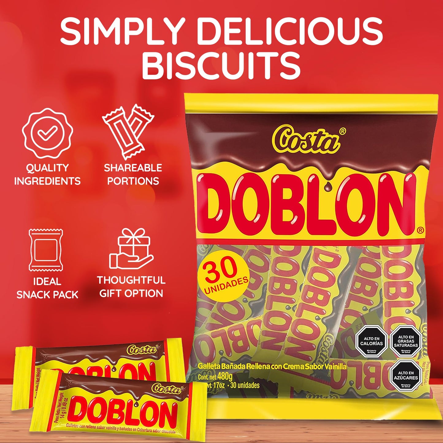 Costa Doblon Chocolate Covered Biscuit- Coated Biscuits- Biscuit With Vanilla Flavored Cream- Snack Packs Biscuits- Sandwich Coo