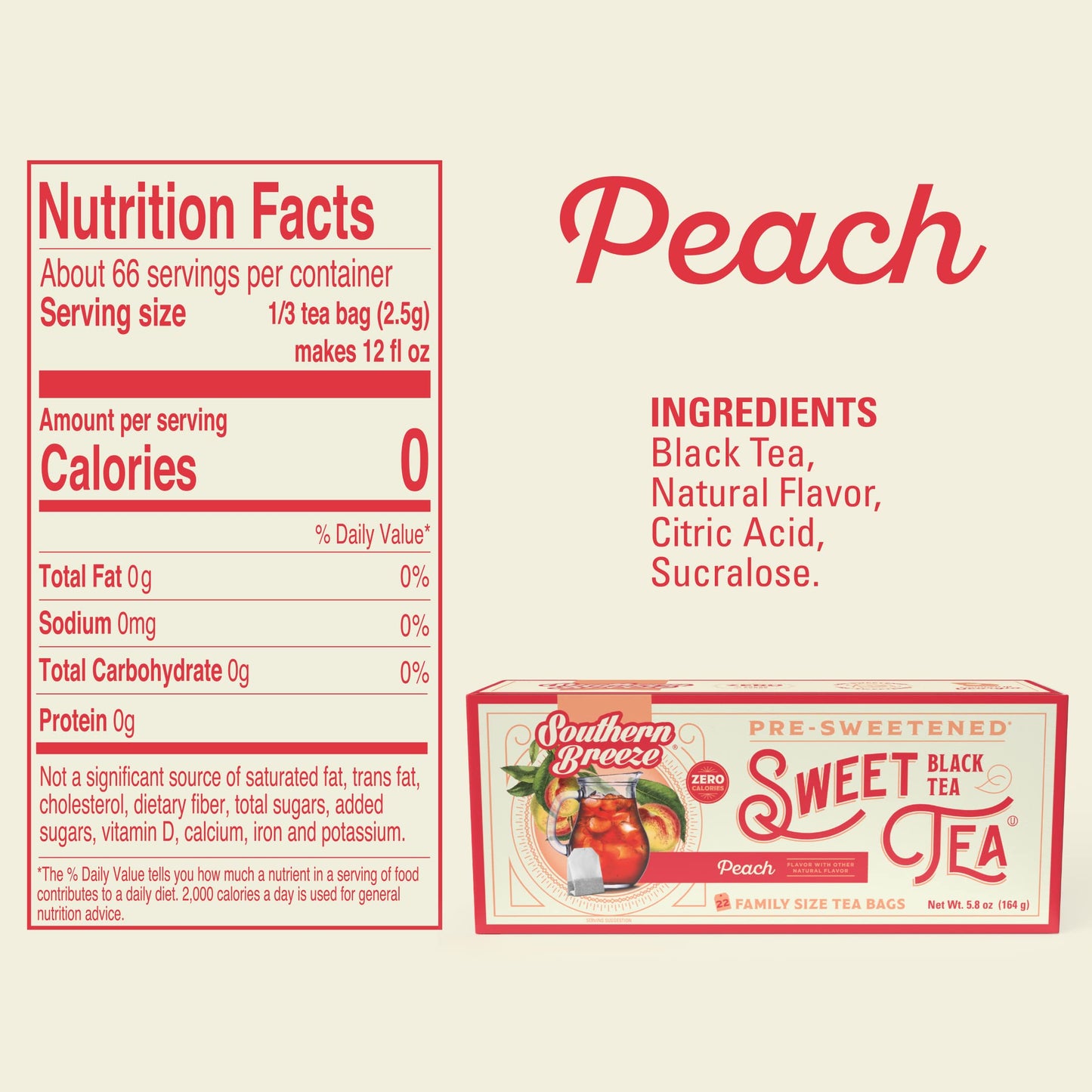 Southern Breeze Hot Brew Sweet Tea Peach Iced Tea With Black Tea And Zero Carbs Zero Sugar, 22 Individually Wrapped Family Size Tea Bags, Pack Of 2