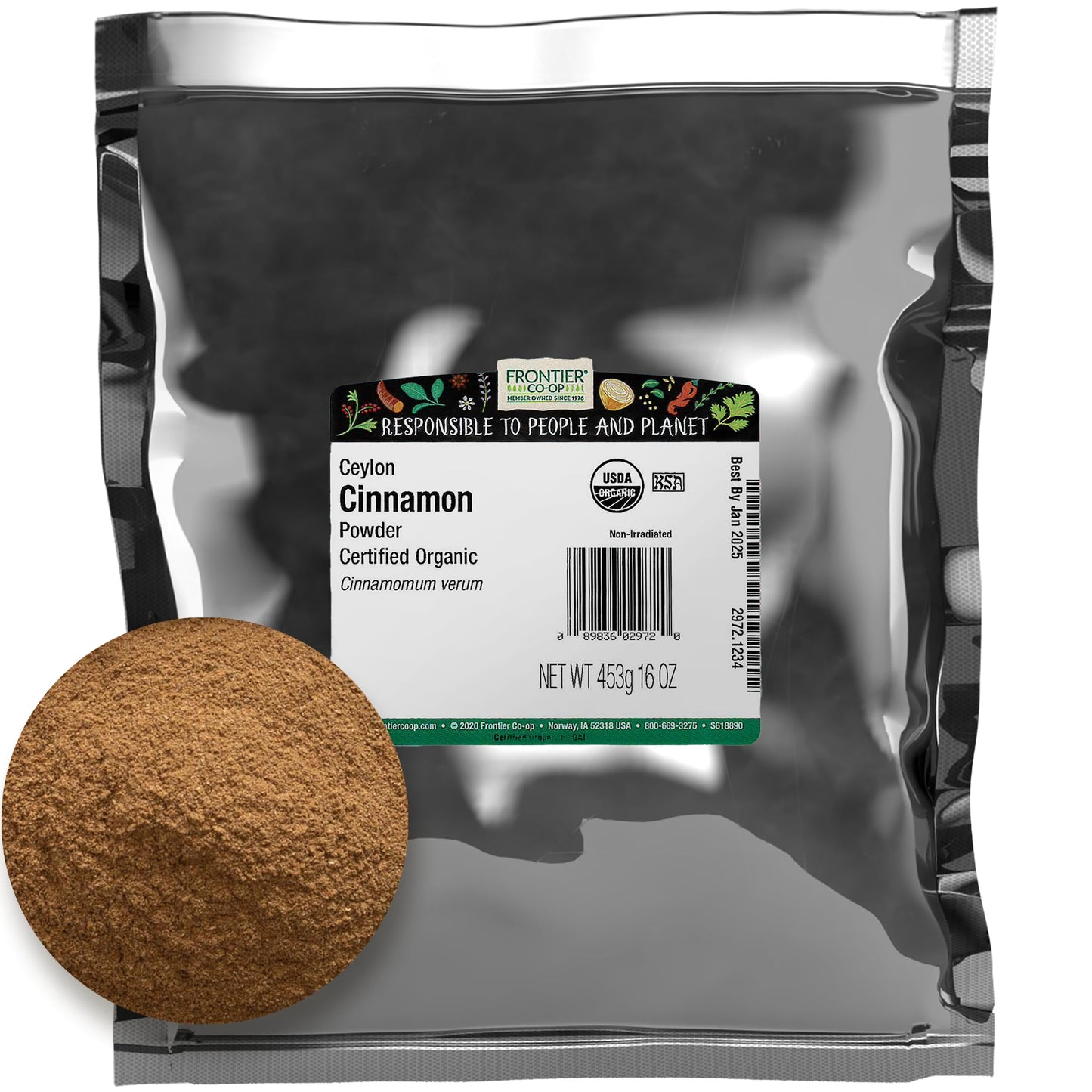 Frontier Co-Op Organic Fair Trade Ground Ceylon Cinnamon, 1Lb - Cinnamon Powder, 1 Pound Bulk Bag Refill For Cinnamon Shaker, Re