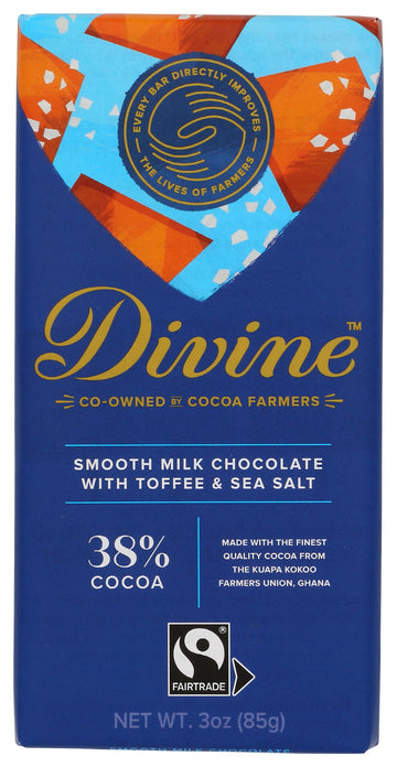 DIVINE CHOCOLATE Chocolate, 38% Milk Chocolate with Toffee & Sea Salt, 3 Oz