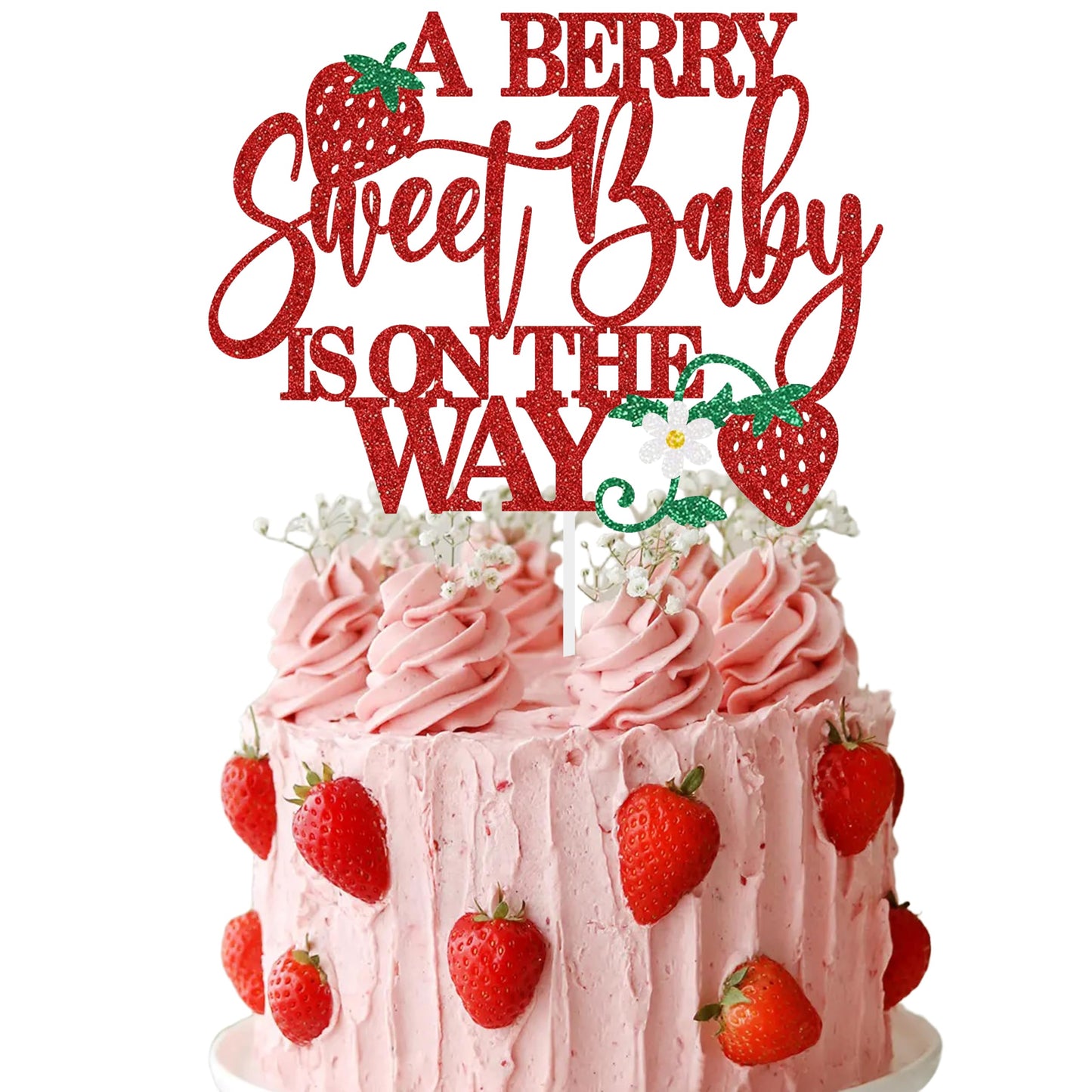 A Berry Sweet Baby Is On The Way Cake Topper Glitter Strawberry Baby Shower Decoration For Girls