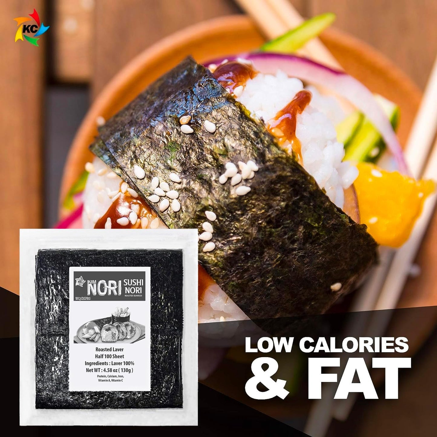 Kimnori Sushi Nori Seaweed Sheets - 100 Half Cut Size Yaki Roasted Rolls Wraps Resealable Bag 100% Natural Laver Fresh Premium R