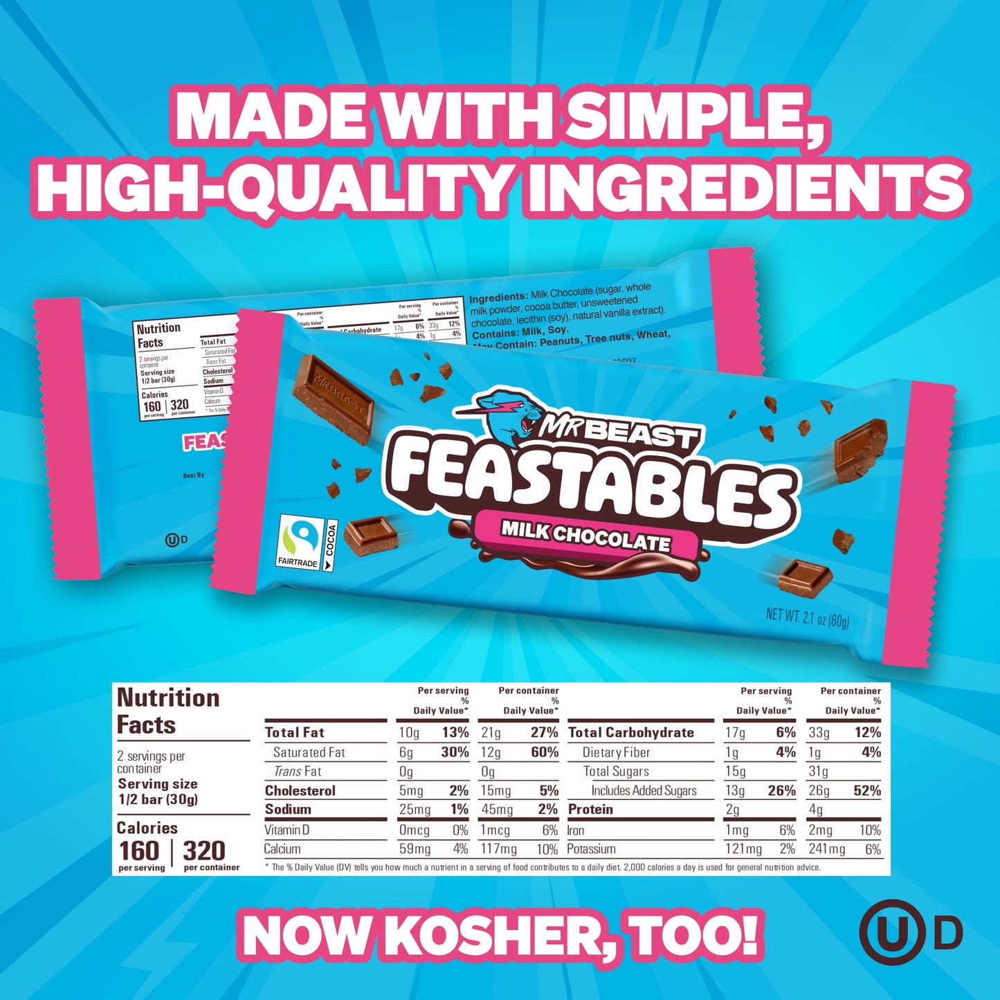 Feastables Mrbeast Combo Pack, King Size Milk Chocolate & Milk Crunch Bars, 10 Each, Candy Bars For Mature-Themeds & Kids, Candy Bar For Snacks, Gifts, Or Dessert, Fairtrade Cocoa, 2.1 Oz Each, 20 Count