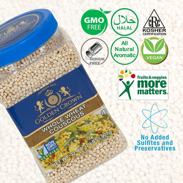 Golden Crown Whole Wheat Couscous - 32 Oz (2Lb), Premium Quality Non Gmo Project Verified, Vegan + Kosher Certified Natural Grai