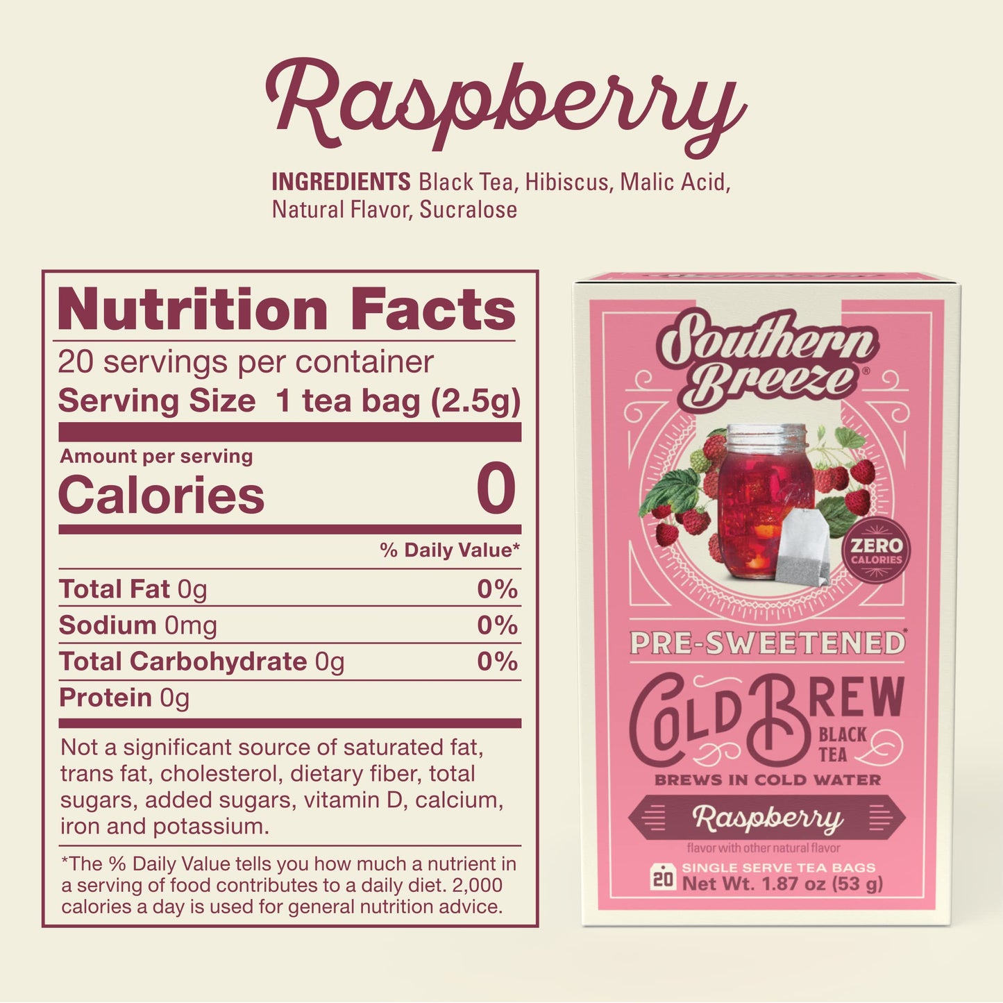 Southern Breeze Sweet Tea Cold Brew, Raspberry Flavor, Zero Carbs, 20 Individually Wrapped Tea Bags