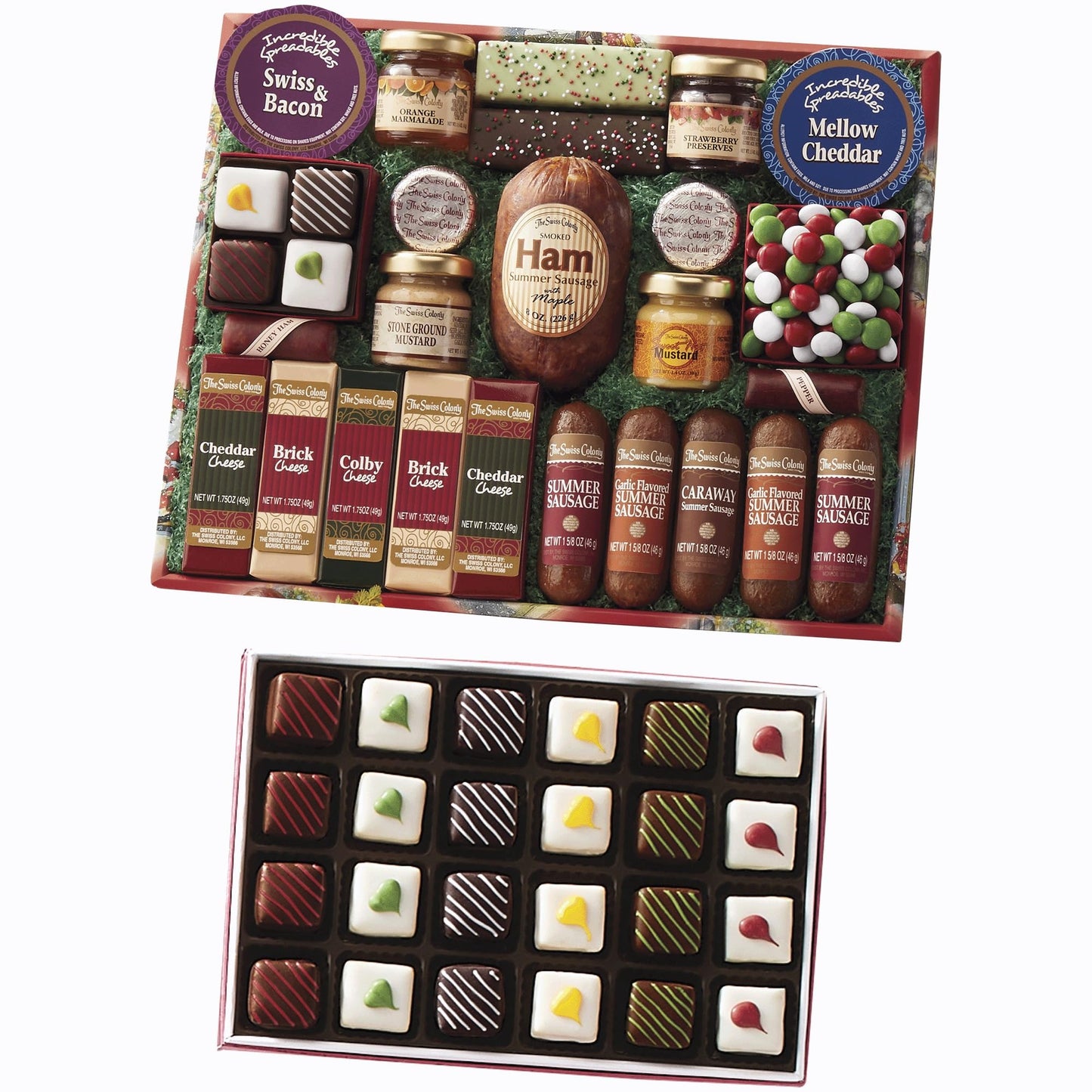 The Swiss Colony 25 Holiday Favorites - Sausage Meats Cheese Blocks And Spreadables Sweet And Savory Treats & Christmas Petits Fours - Chocolate & Swiss Creme Gourmet Mini Layer Cakes Pack Of 24