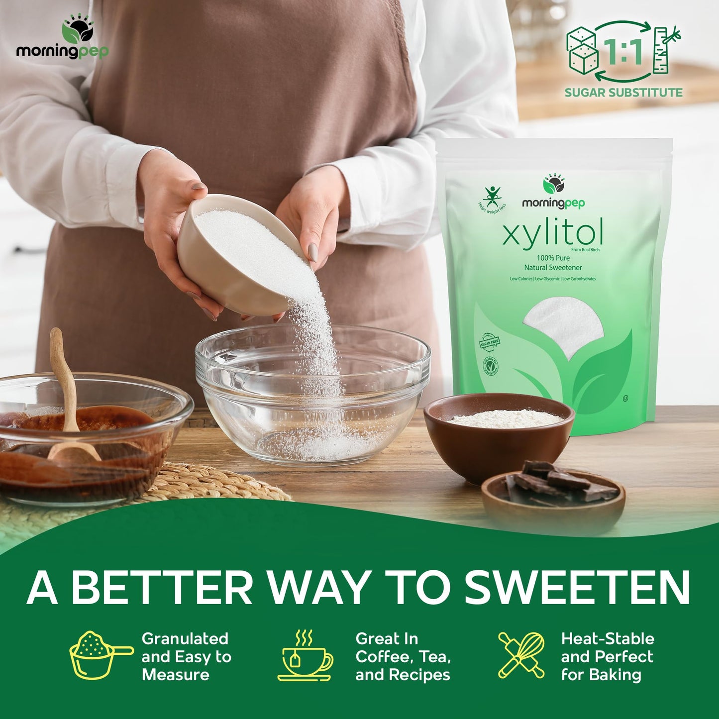 Morning Pep Pure Birch Xylitol (Keto Diet Friendly) Sweetener with no aftertaste 2.5 LBs (Not From Corn) NON GMO KOSHER GLUTEN F