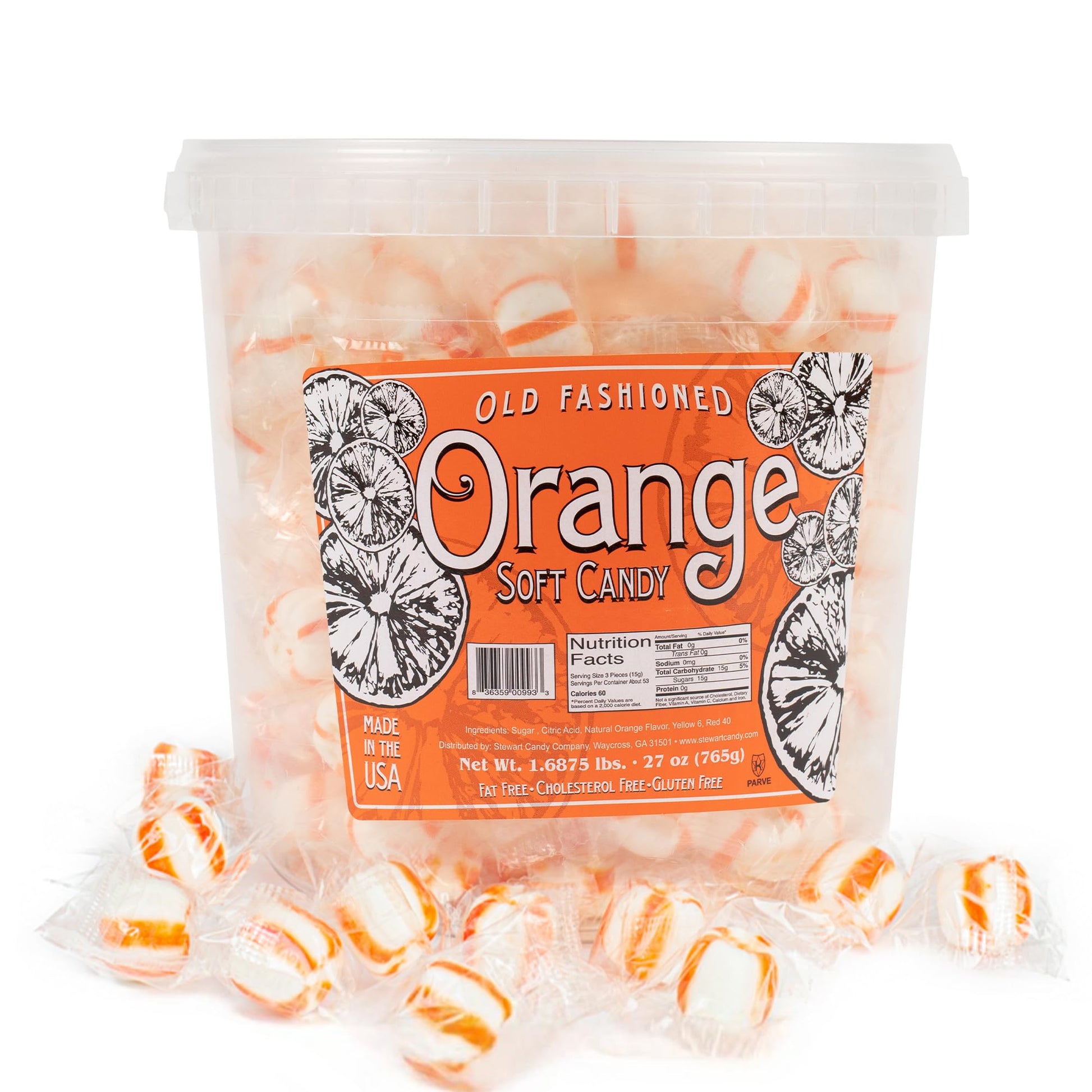 Stewart Old Fashioned Orange Candy Puffs | Individually Wrapped Candy | Pure Cane Sugar Candy | Fat-Free, Cholesterol-Free, Gluten-Free | Classic Soft/Hard Texture, Made In Usa - 27 Oz Tub