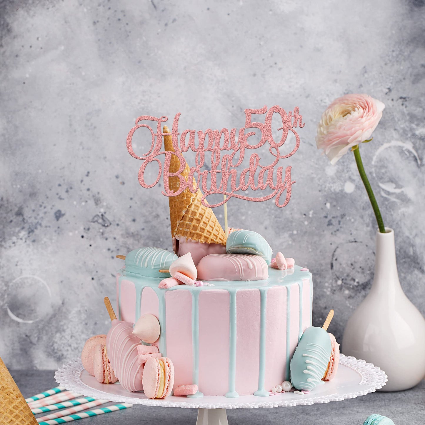 1 Pack Happy 50Th Birthday Cake Topper Rose Gold Glitter Number 50 Fifty Years Old Birthday Cake Pick Decoration For 50Th Birthday Celebrating Anniversary Party Supplies
