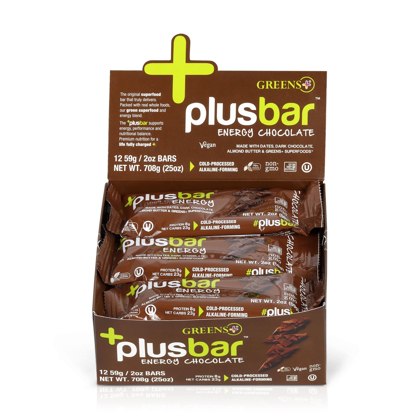 Greens+ Plusbar Energy Bars, Chocolate, Gluten Free Healthy Snacks with Organic Super Greens, Superfoods & Dark Chocolate, Vegan