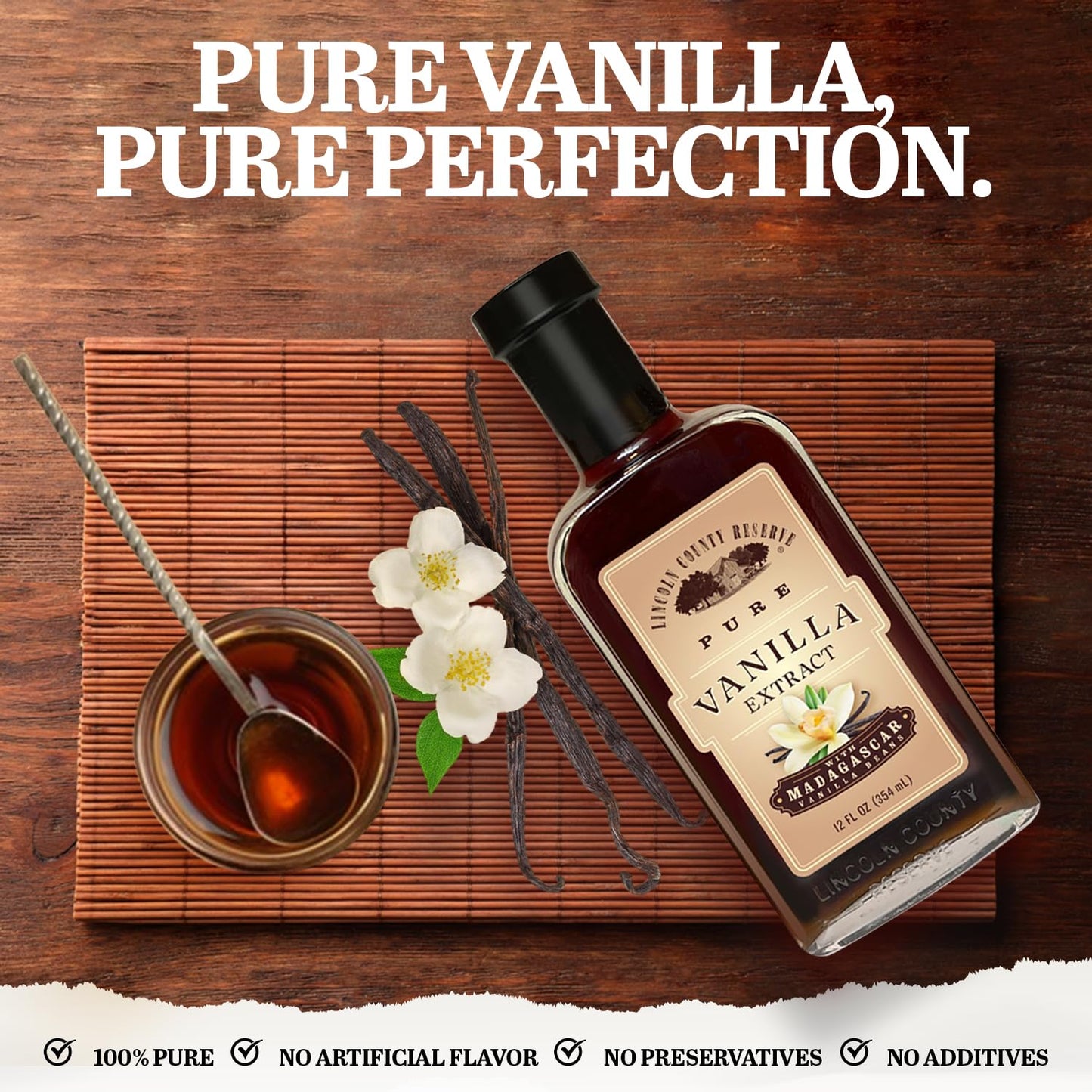 Lincoln County Reserve Pure Vanilla Extract, Sugar Free, Gluten Free, 12oz Glass Bottle