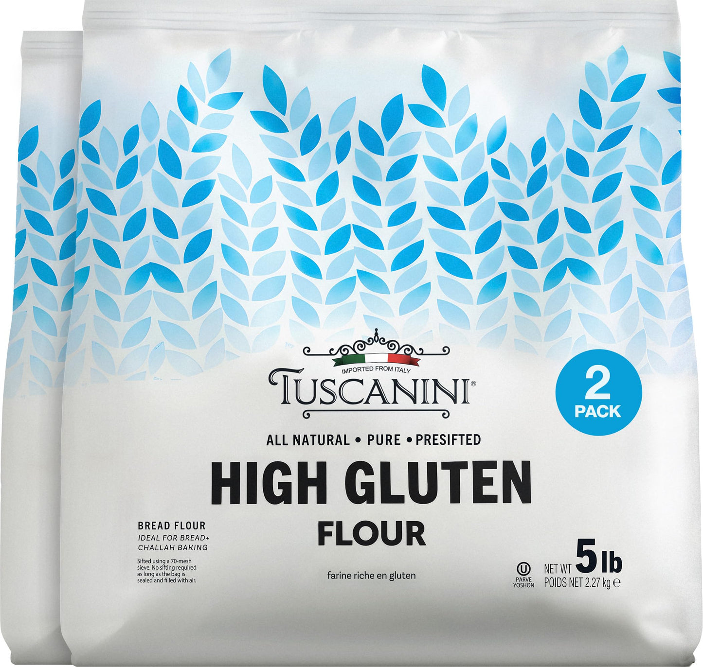Tuscanini Italian High Gluten Flour Top-Grade Bread Flour 5 Lb (2 Pack) | Ideal For Bread Challah & Pizza Dough | Insect Free | All Natural Pure Presifted | Kosher