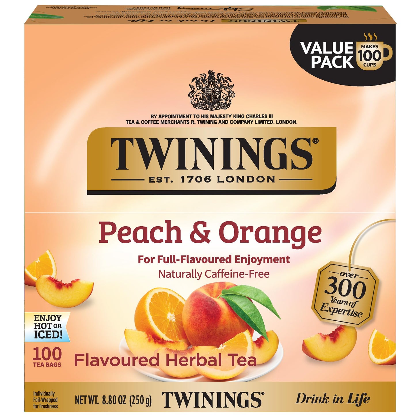 Twinings Peach & Orange Herbal Tea Individually Wrapped Bags 100 Count (Pack Of 1) Juicy & Fruity Naturally Energy Blend-Free Enjoy Hot Or Iced 100 Teabags