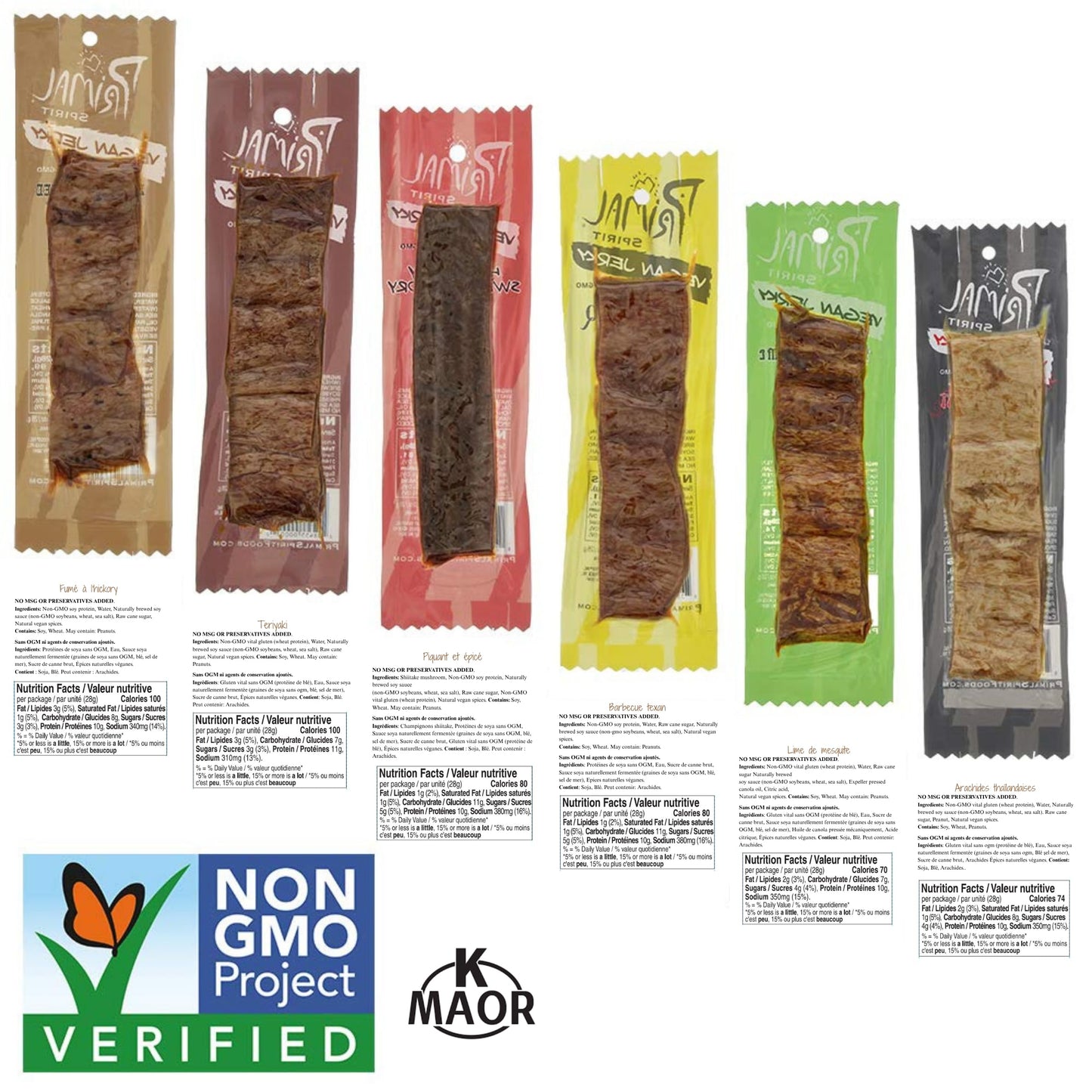 Primal Spirit Vegan Jerky Classics Pack - 18 Count, 1 oz. Assortment of Flavors: Teriyaki, Hickory Smoked, BBQ, Thai Peanut, Hot & Sp