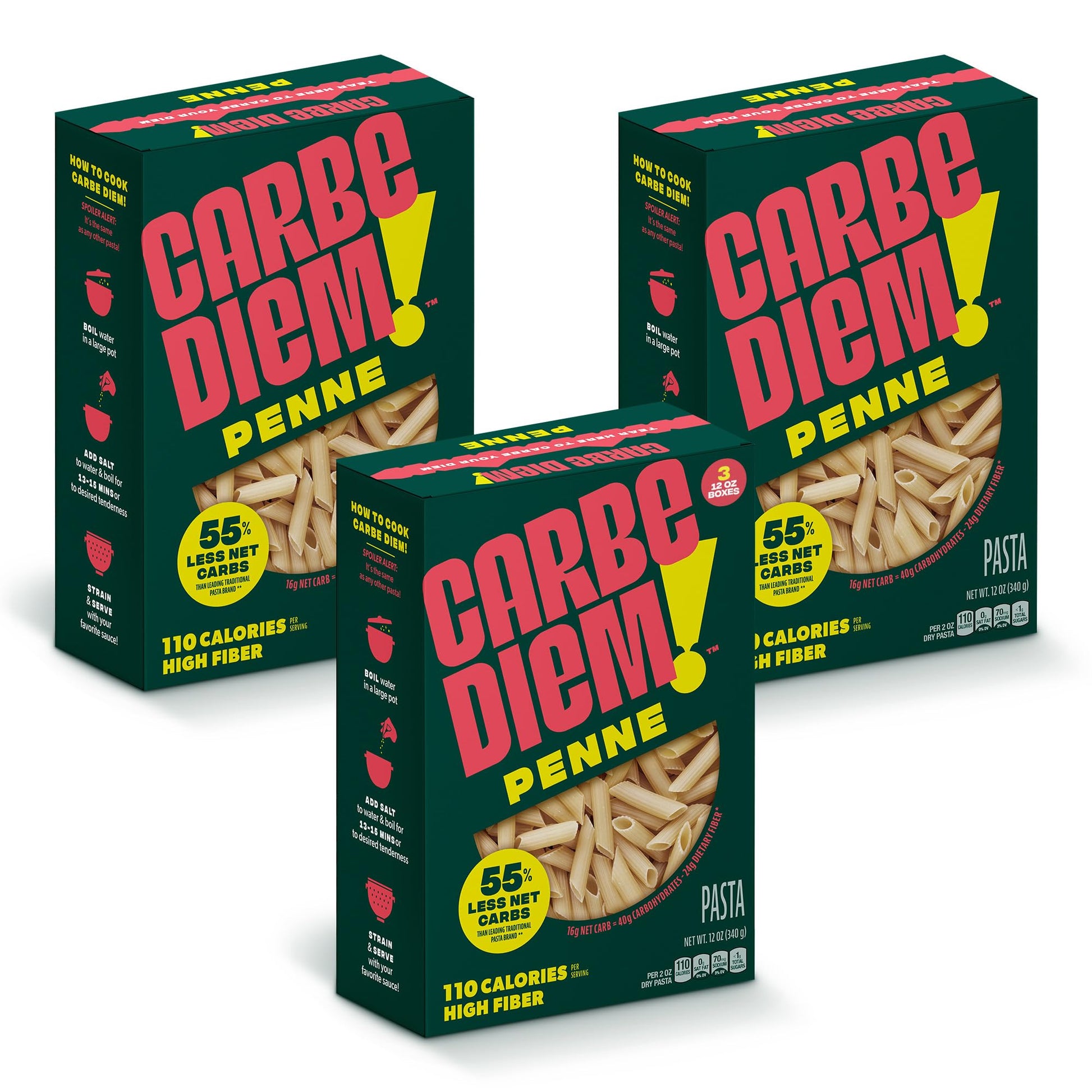 CARBE DIEM! Penne | 3x 12oz Bags | Lower Net Carb Pasta with a Traditional Flavor & Texture | Pasta Re-Imagined for Healthy Life