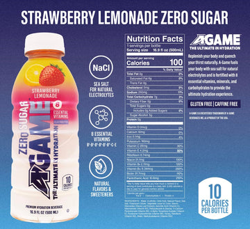 A-Game Zero Sugar Sports Drink, Strawberry Lemonade Zero, Sugar Free Hydration Sports Beverage, 8 Vitamins Plus Electrolytes, Na