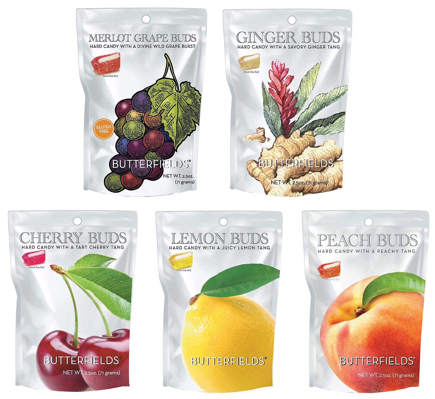 Butterfields Candy - Gourmet Old-Fashioned Hard Candy Variety Pack - Peach Cherry Lemon Flavor Blendger And Flavor Blend Grape Buds | Gluten Free | Made With 100% Real Pure Cane Sugar - 2.5 Oz (5-Pack)