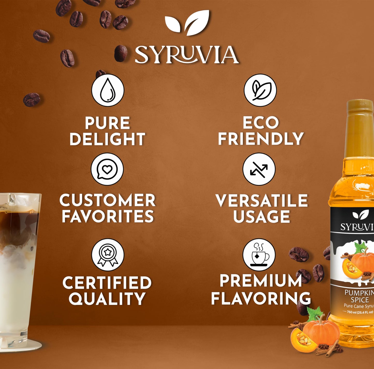 Syruvia Pumpkin Spice Syrup - Pumpkin Spice Coffee Syrup Flavor, 25.4 Fl Oz, Kosher, Gluten Free, Perfect For Coffee, Drinks, So