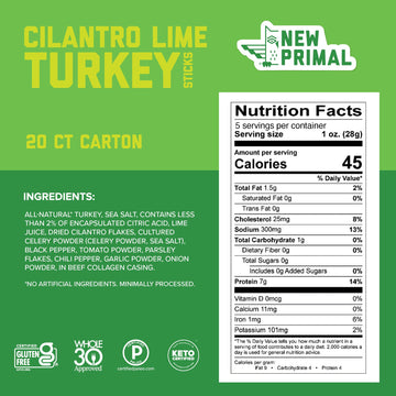 New Primal Cilantro Lime Turkey Sticks, Keto, Gluten Free Healthy Snacks for Adults, Sugar Free Low Carb High Protein, Paleo Who