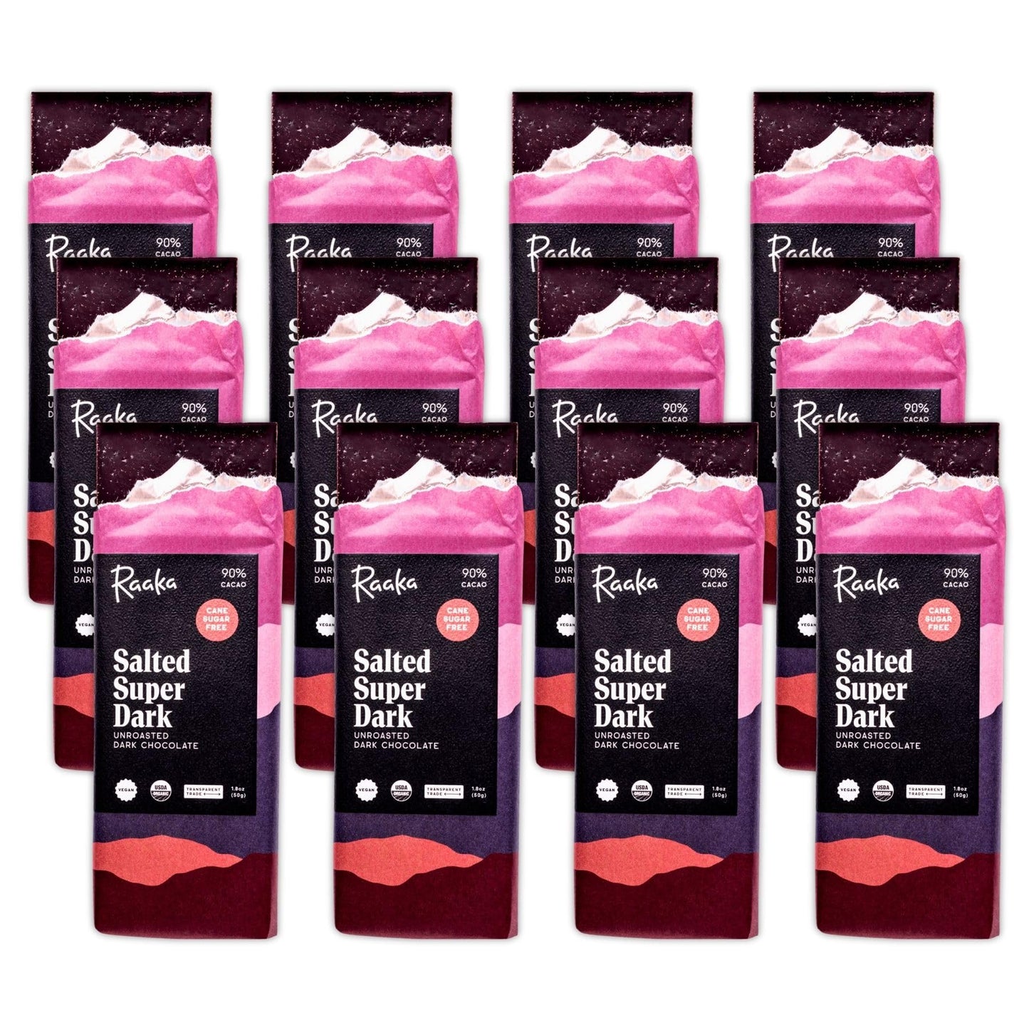 Raaka Salted Super Dark Chocolate Bars - 90% Cacao Organic Vegan Kosher Gluten Free Cane Sugar Free - Lightly Sweetened With Coconut Sugar - 1.8Oz Bars 12-Pack