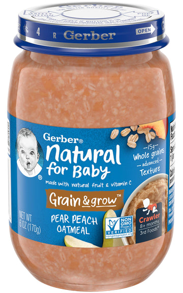 Gerber 3Rd Foods Natural For Baby Grain & Grow Baby Food Jar, Pear Peach Oatmeal, Made With Natural Fruit & Vitamin C With Advan