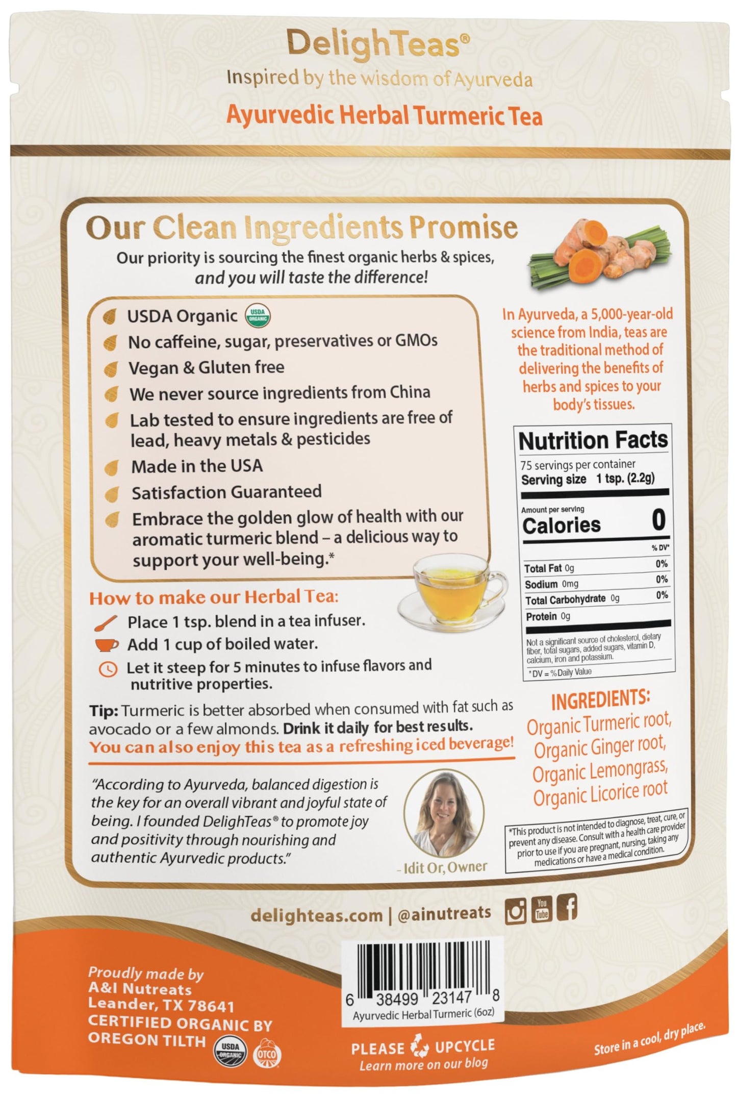 DelighTeas Organic Turmeric Ginger Tea - Loose Leaf Herbal Blend, 6oz, Non-GMO, Caffeine Free, 75 Servings, with BPA-Free Infuser