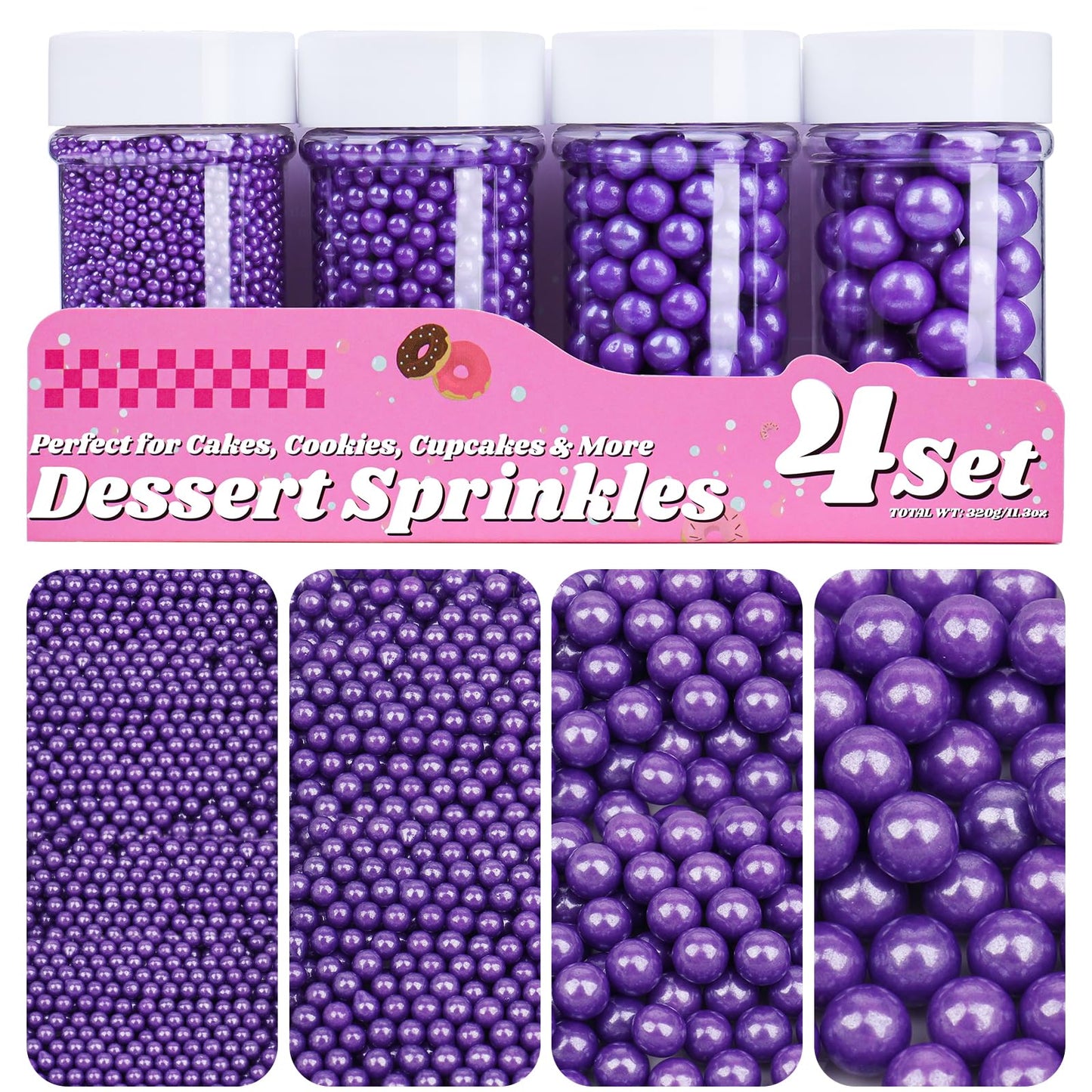 Purple Pearl Sprinkles for Cake Decorating, 11.3 Oz Edible Pearls Sugar Large Capacity 4 Jars Set for Baking Cookie Ice Cream Cu