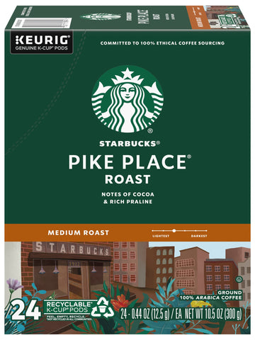 Starbucks Coffee K-Cup Pods, Pike Place Roast, Medium Roast Coffee, Notes Of Cocoa & Rich Praline, Keurig Genuine K-Cup Pods, 24