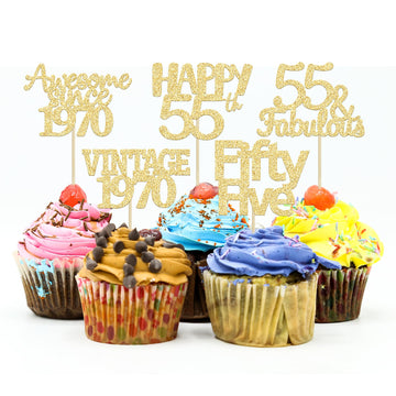 Gyufise 30Pcs Gold Glitter Vintage 1968 Cupcake Toppers Glitter 55 Fabulous Happy 55 Cheers To 55 Years Birthday Cupcake Picks 5