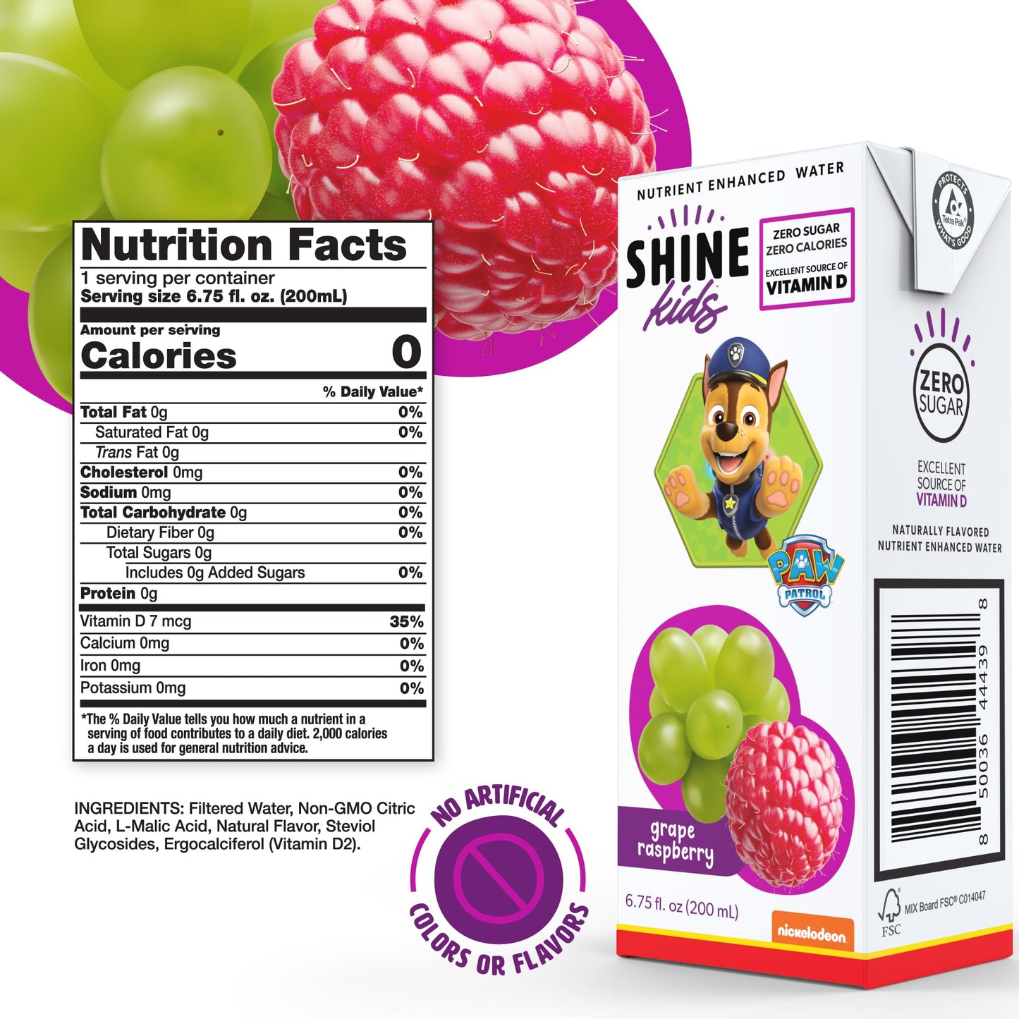ShineWater Kids x Paw Patrol Vitamin D Grape Raspberry Juice Boxes | No Added Sugar | Naturally Flavored Drink for Kids | Vegan