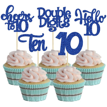 30Pcs 10Th Birthday Cupcake Toppers Ten Double Hello 10 Cupcake Picks Cheers To 10 Years Old Cake Decorations For 10Th Birthday