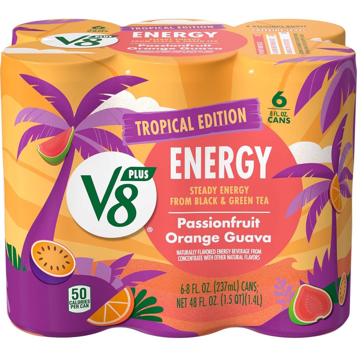V8 Energy Drink, Passionfruit Orange Guava, 8 fl oz Can, Pack of 6