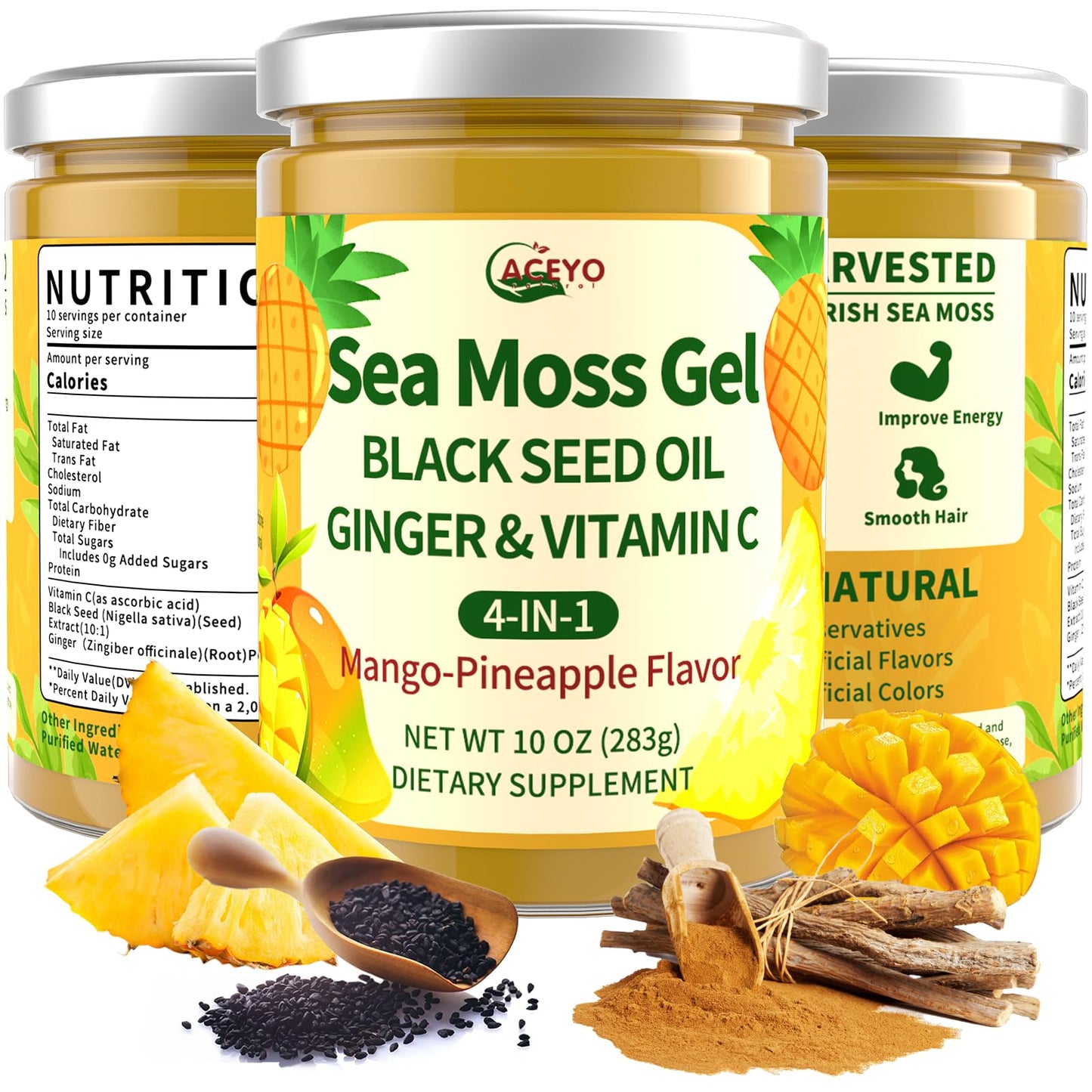 ACEYO Sea Moss Gel 4-in-1 Irish SeaMoss with Black Seed Oil & Ginger Rich in Minerals & Vitamins Immunity & Health Support Non-GMO Vegan Mango Pineapple Flavor 10 oz (Pack of 1)