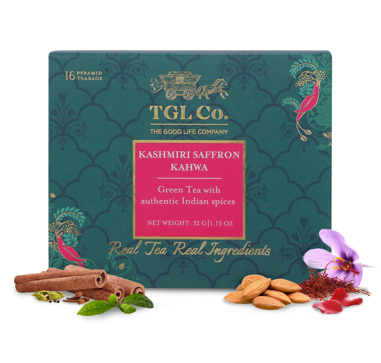 Tgl Co. Kashmiri Saffron Kahwa Green 16 Tea Bags | Enhance Digestion | Boost Immunity | Relieves Stress | Improve Energy | Rich In Taste