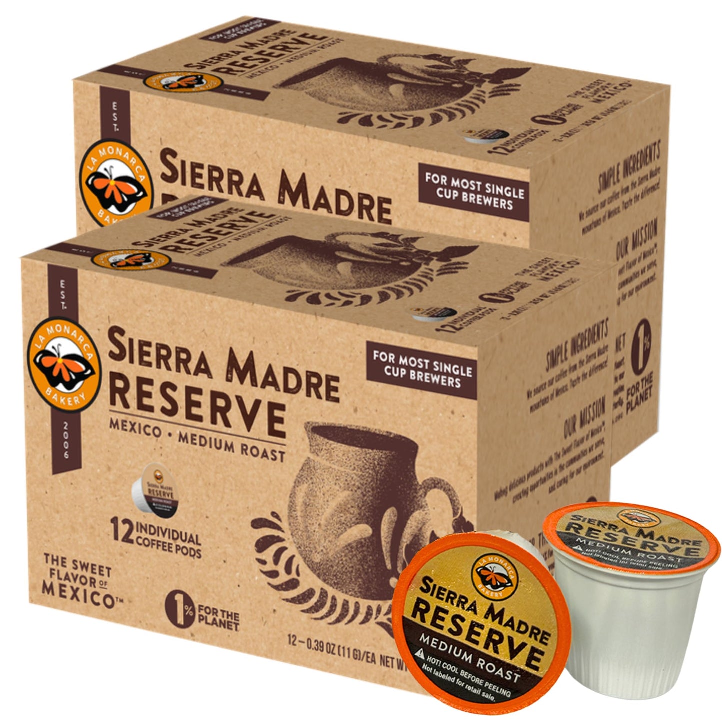 La Monarca Bakery Sierra Madre Reserve Coffee Pods - Medium Roast Full Flavor Authentic Mexican Coffee - 24 Individual Cups
