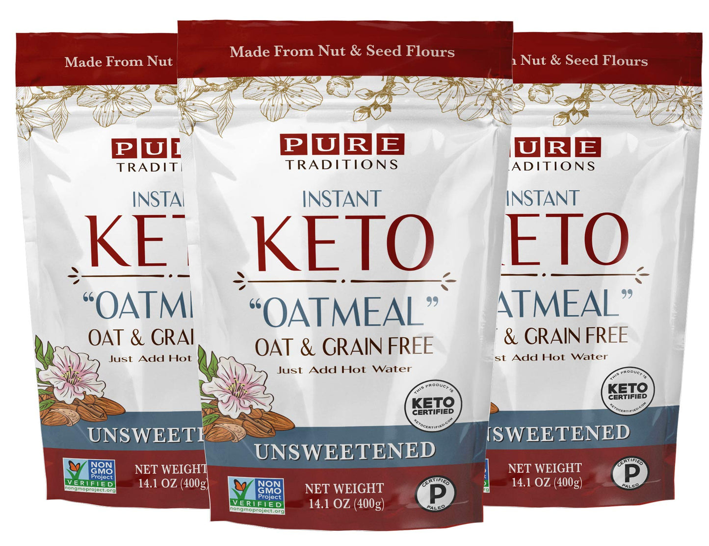 Keto Oatmeal, Instant Hot Cereal, Unsweetened, Certified Paleo, Keto Certified, Gluten & Grain Free (14.1 Oz) (3 Pack)