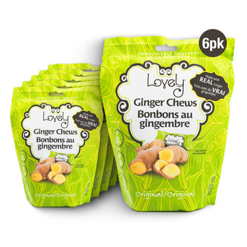 Lovely Candy Co. Original Ginger Chews, Made with Real Ginger, Individually Wrapped, 5oz (6-Pack) | Gluten-Free, Non-GMO, NO Art