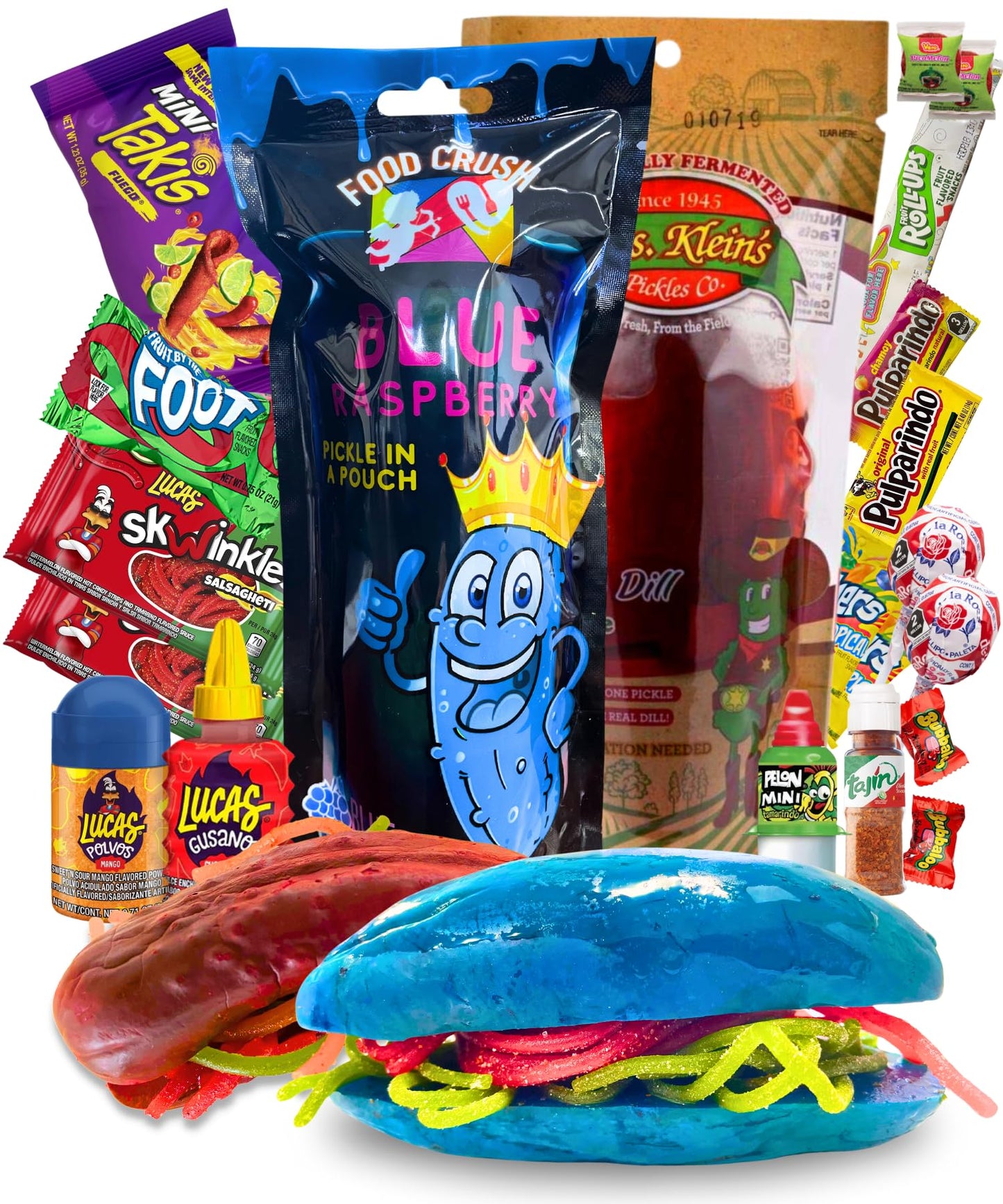 Chamoy Pickle Kit + Blue Raspberry Pickle In A Pouch For 2 People (21 Pcs) Comes With Takis, Fruit Rollup, Lucas Gusano, Skwinkl