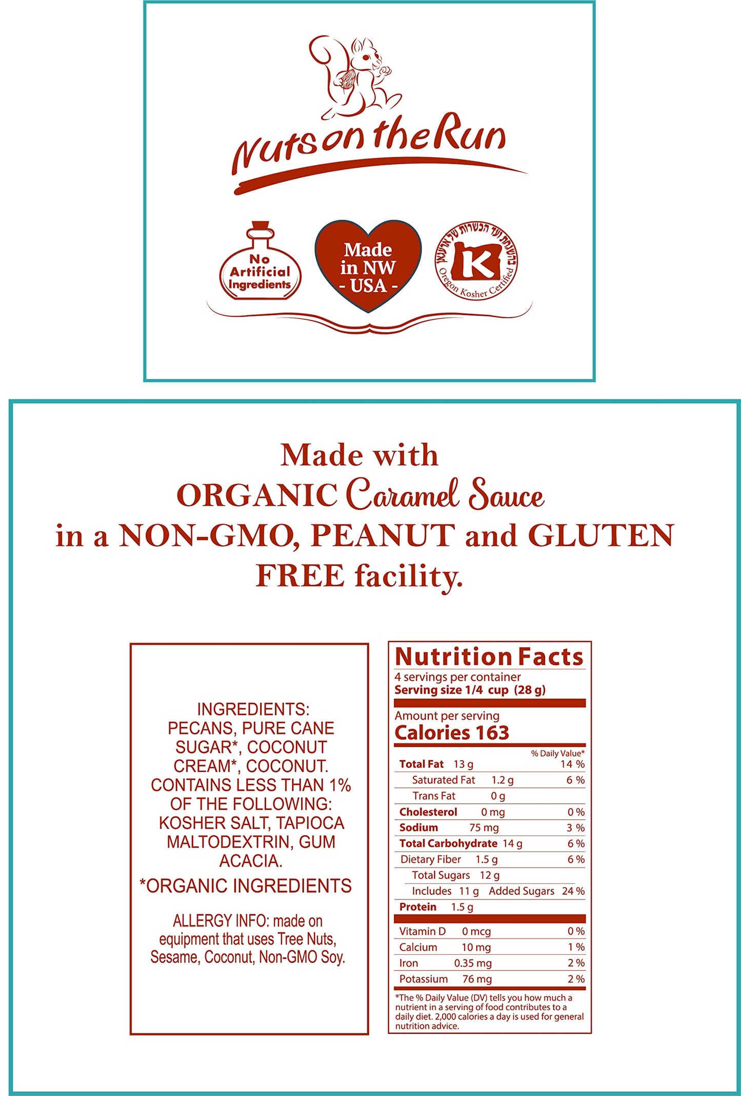 Nuts on the Run Sea Salt Caramel Pecans - Vegan, Gluten-free, Kosher - 4oz (Pack of 6 Bags)