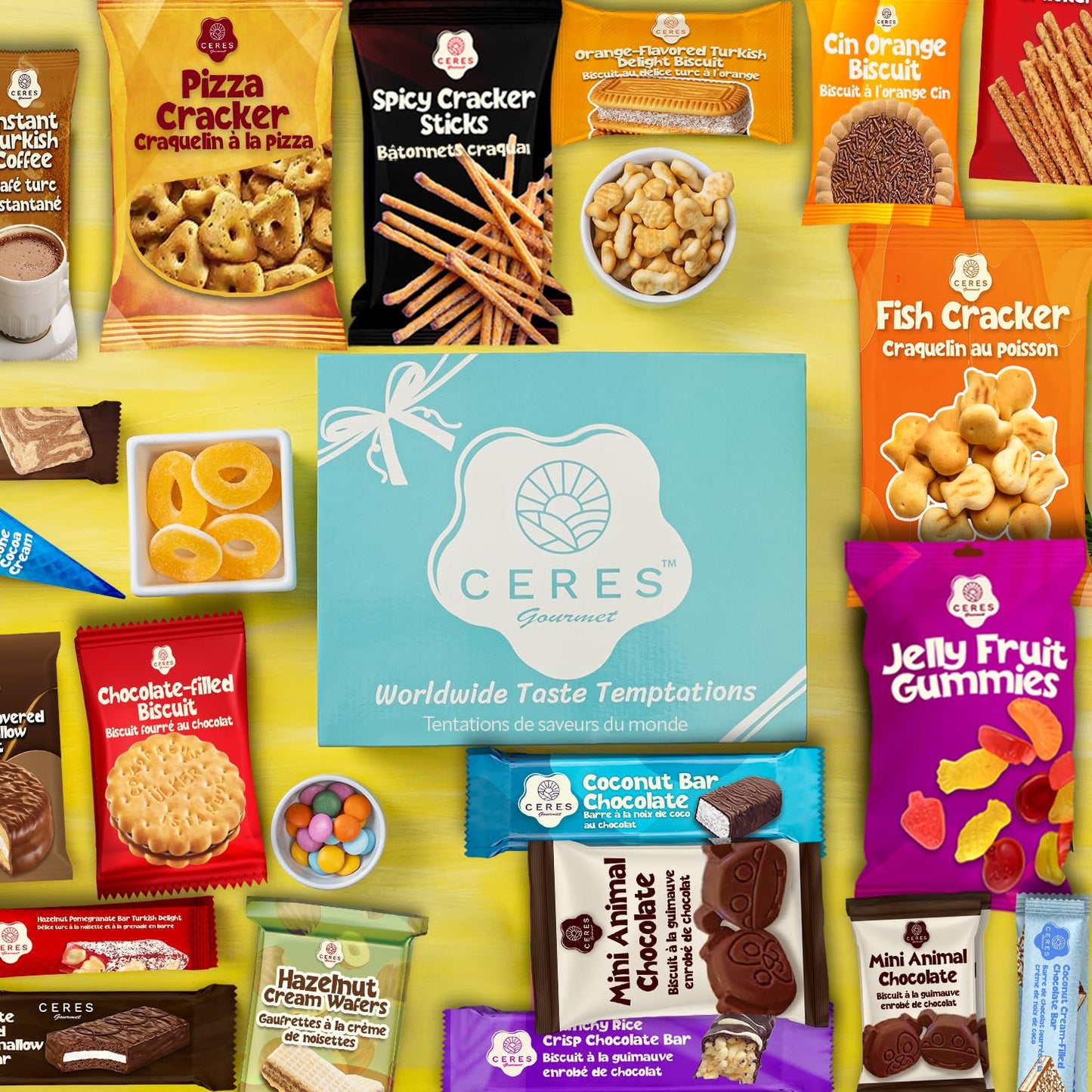Ceres Gourmet International Exotic Snack Box, 22 Count Premium Variety Pack, Midi Size, Fun Surprise Snacks for All Ages