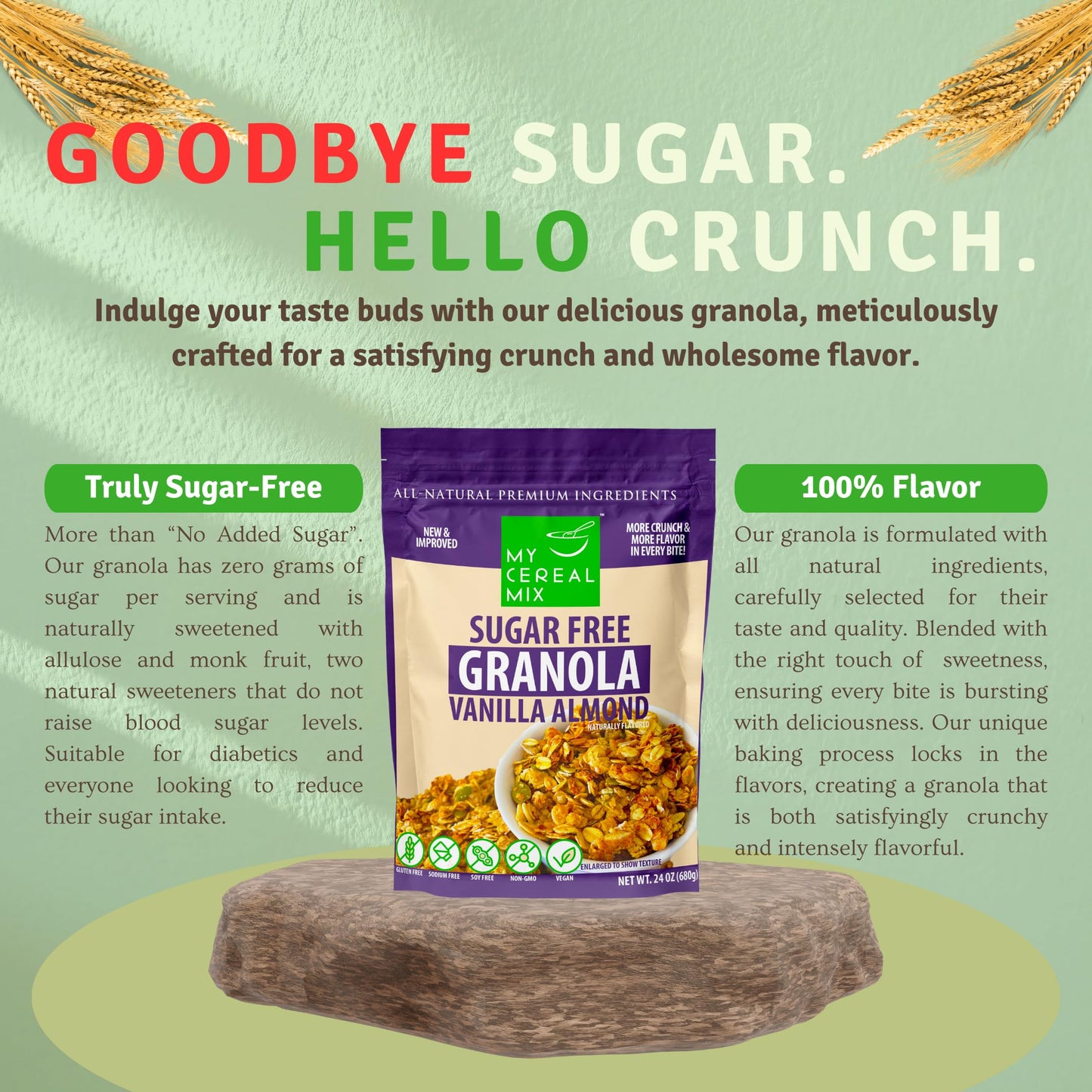 Mycerealmix Sugar Free Vanilla Almond Granola - 6 Pack (144Oz Total) - Vegan, Gluten Free - Diabetic Friendly Breakfast Cereal -