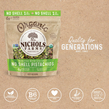 Nichols Farms Organic No Shell California Pistachios Healthy Protein Snack Roasted Sea Salt 1LB