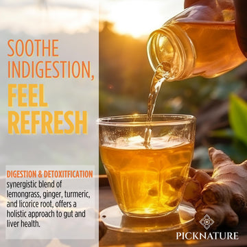 Picknature Usda Organic Happy Tummy Tea - Digestive Tea With Lemongrass, Turmeric, Ginger Tea Freshly Picked From Thailand| 60 T